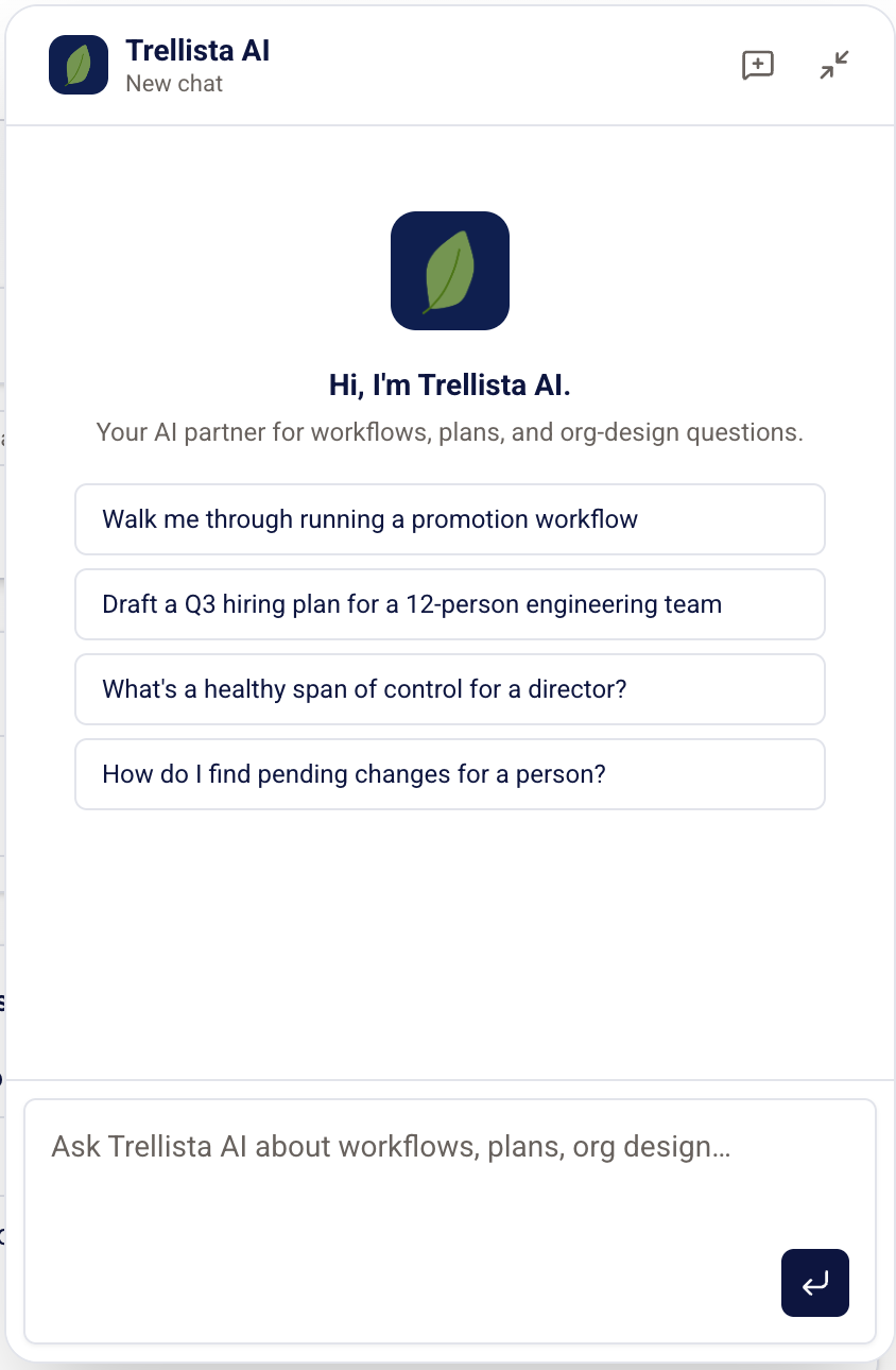 Trellista AI assistant — suggested prompts like 'Walk me through running a promotion workflow' and 'Draft a Q3 hiring plan for a 12-person engineering team'.