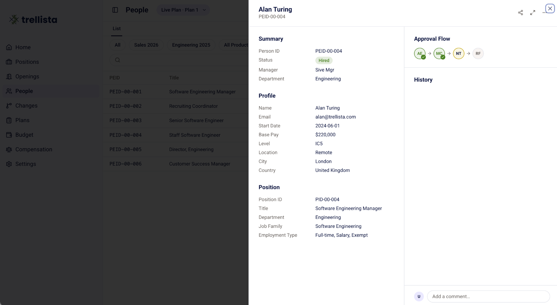 Person detail panel showing summary, profile, position, approval flow, and history.
