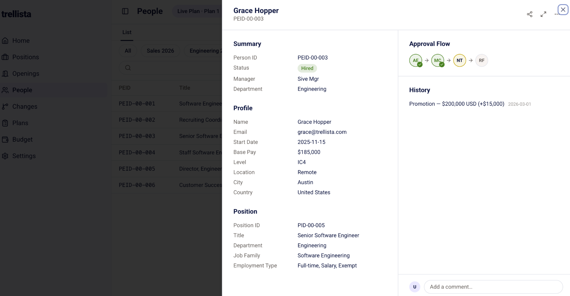 Person detail panel showing summary, profile, position, approval flow, and history.
