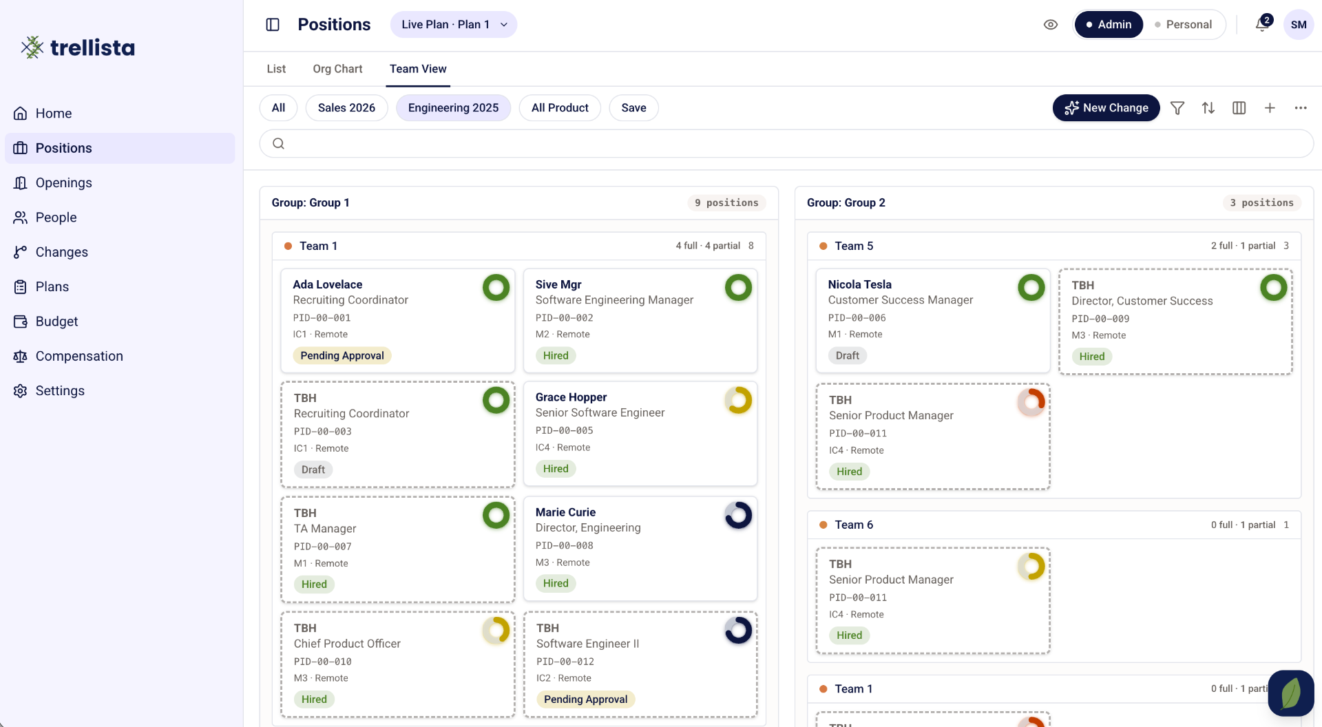 Team View grouping position cards by squad with allocation percentages.